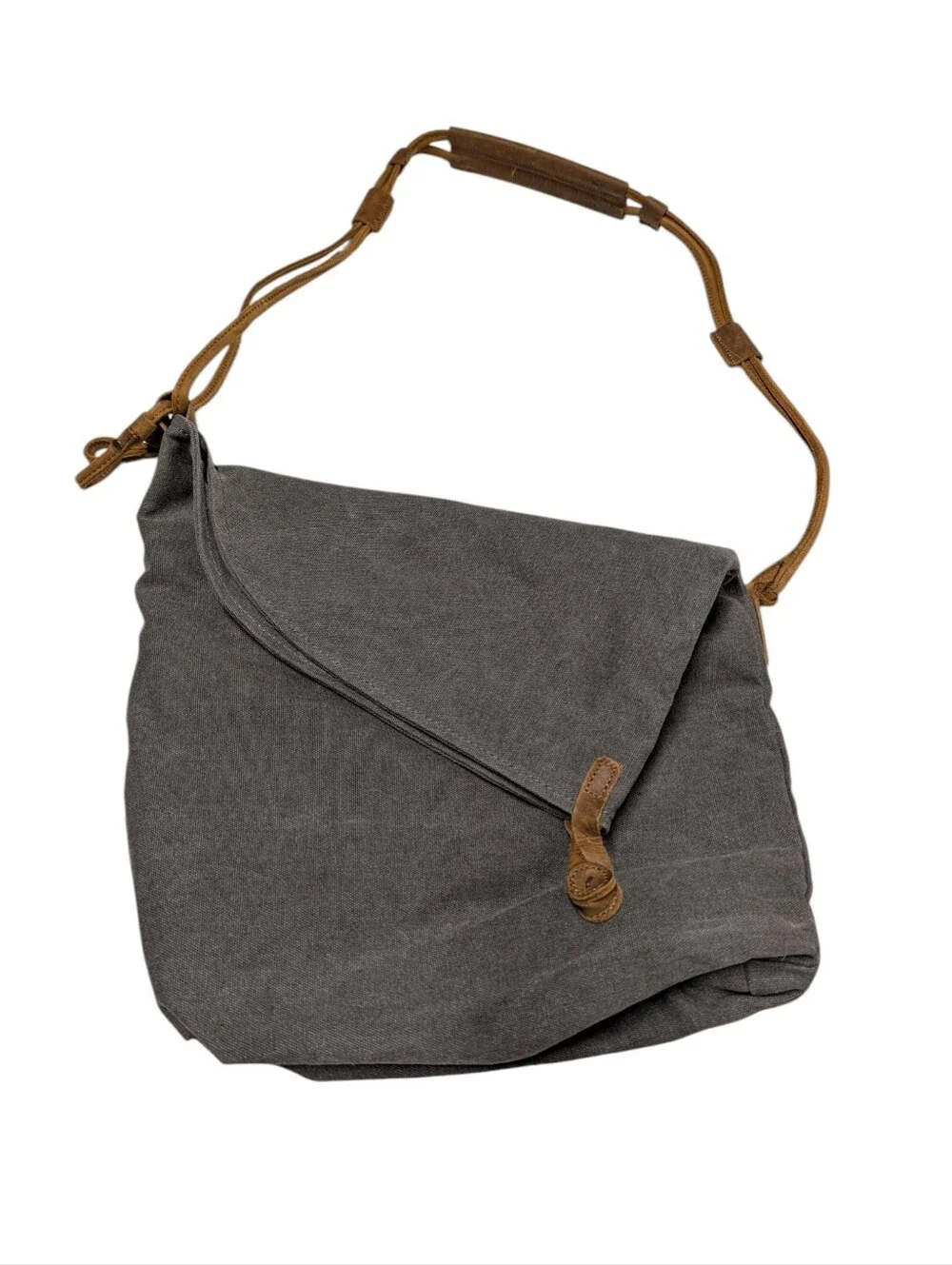 Unisex Gray Canvas Crossbody Bag Brown Leather Strap Messenger Hobo